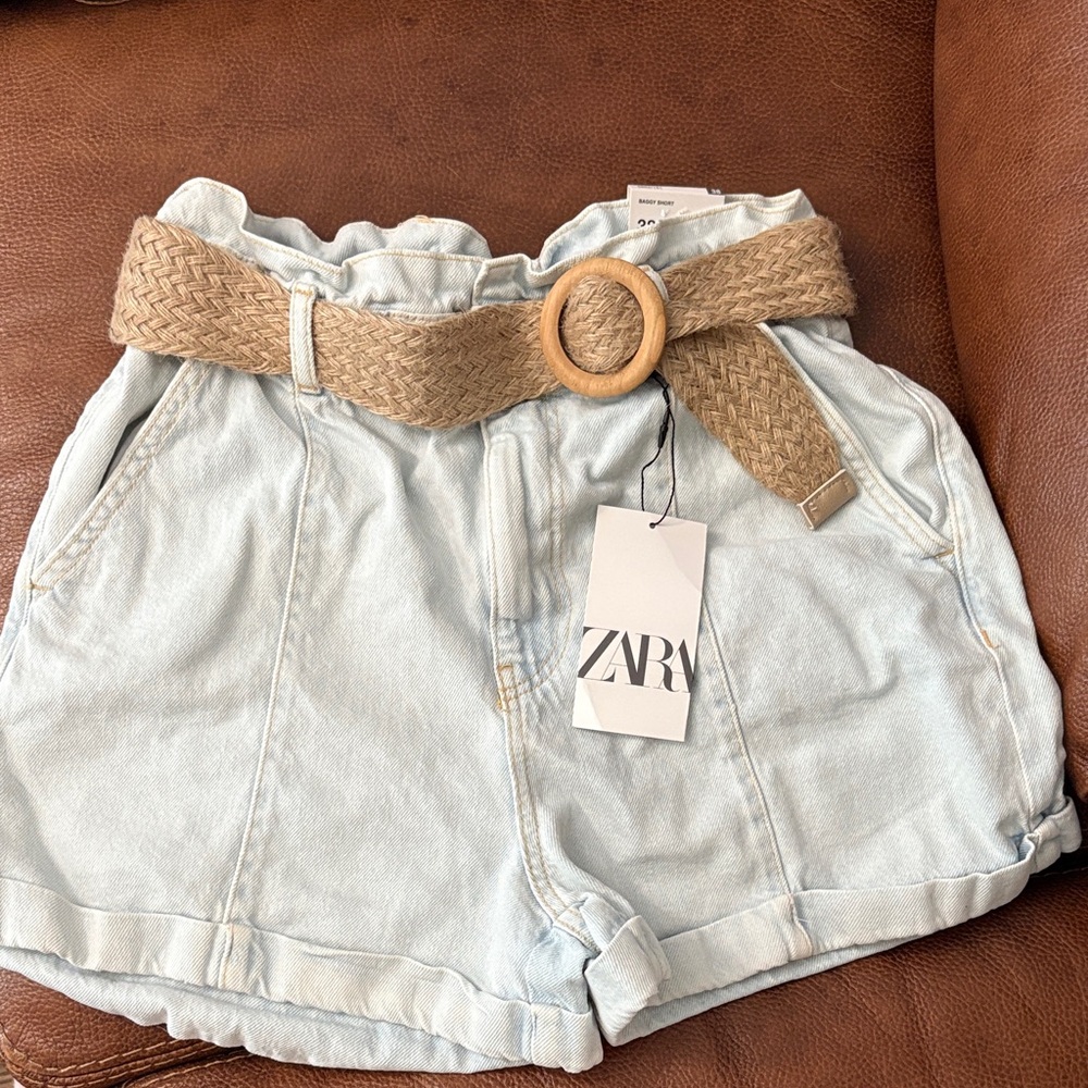 Zara Light Blue Jean Shorts with Woven Tan Belt